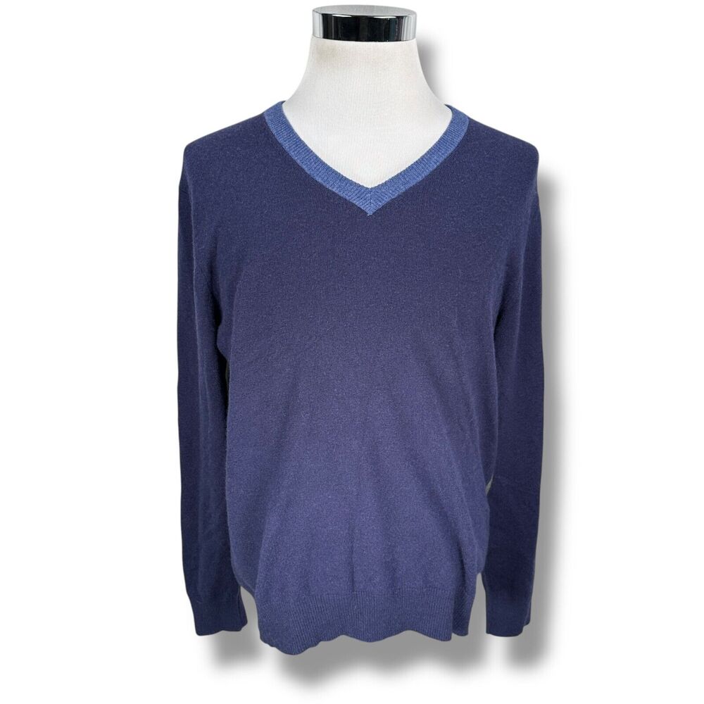 Neiman Marcus Sweater Mens Large 100% Cashmere Blue Gray Green V-Neck Colorblock